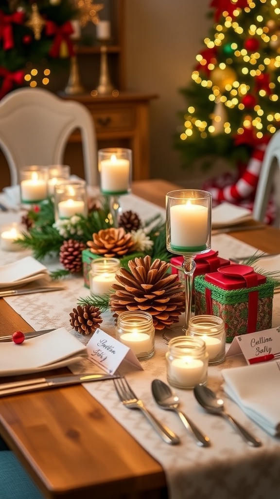 A festive Christmas table decorated with DIY pinecone decorations, candle holders, and place cards.
